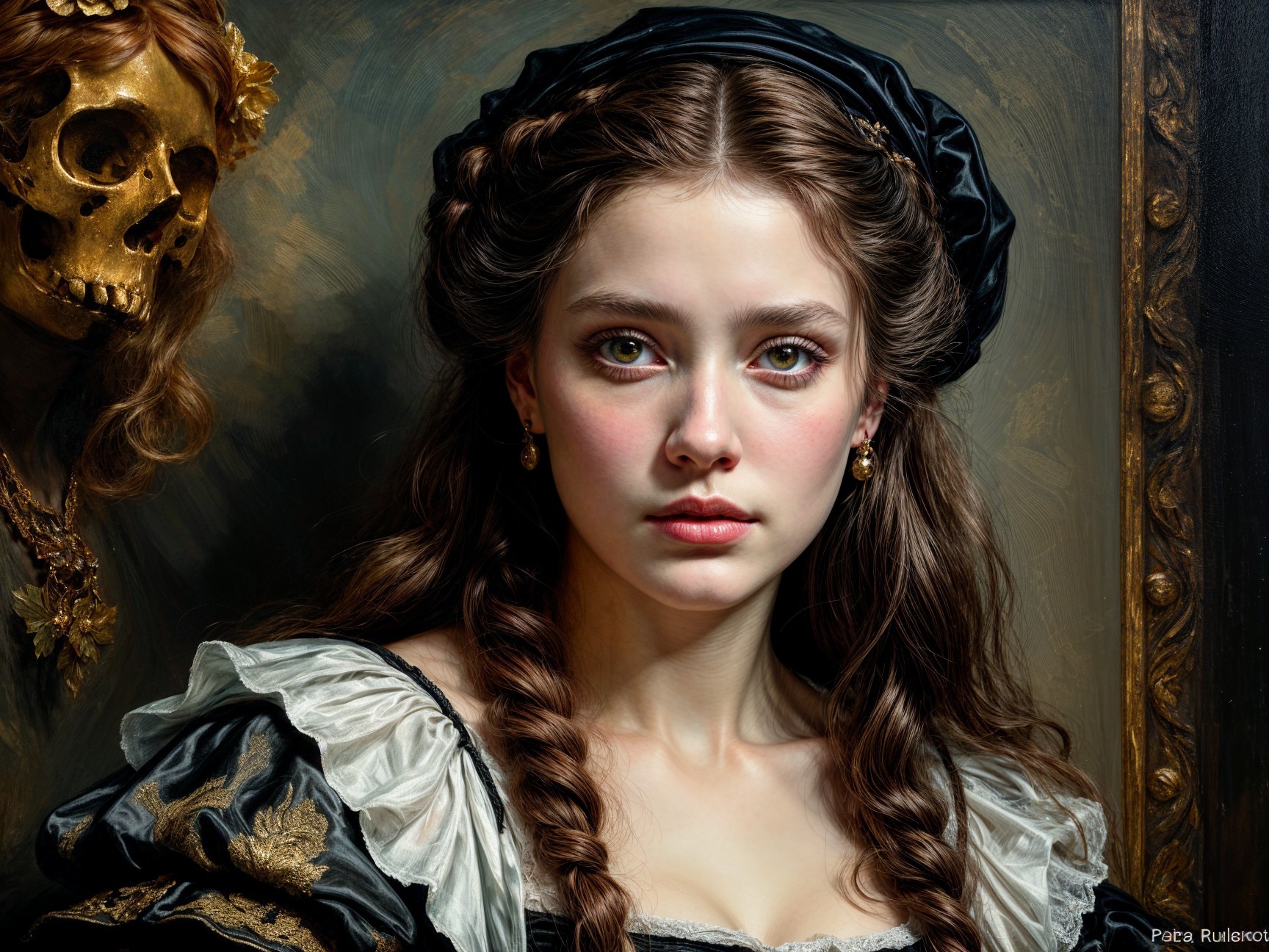 Portrait of a Young Woman in Historical Dress and Skull