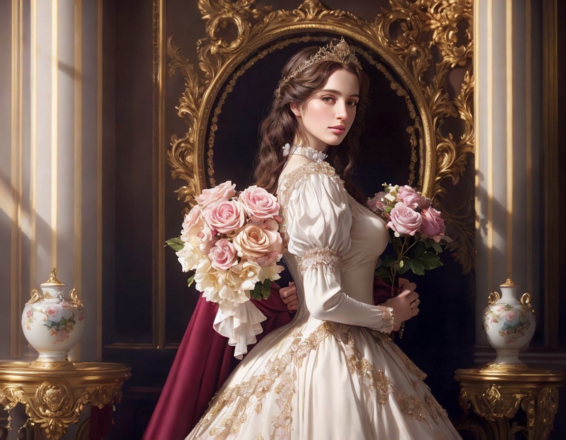 Elegant woman in white and gold gown in luxury room