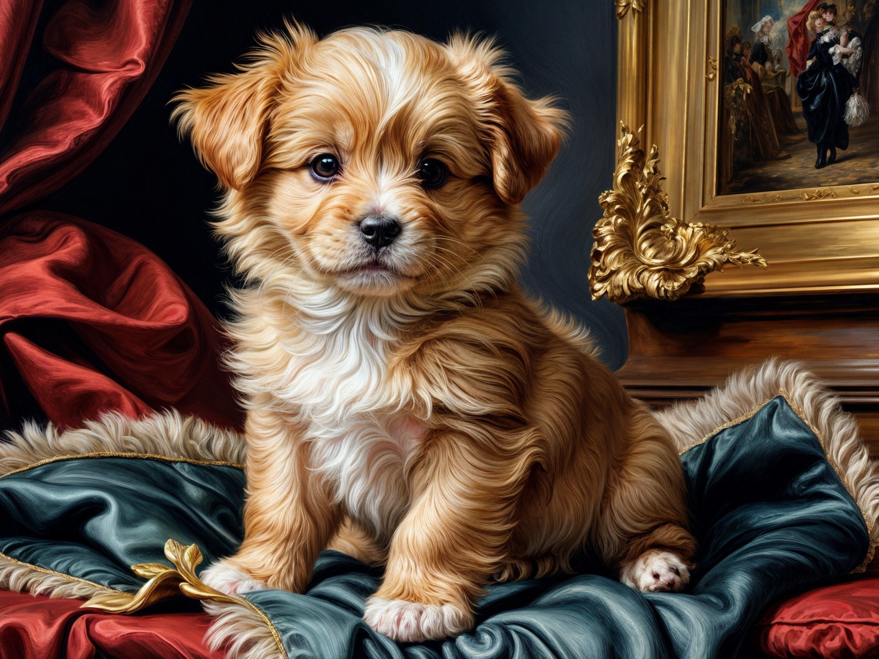 Fluffy golden puppy on velvet cushion with drapes