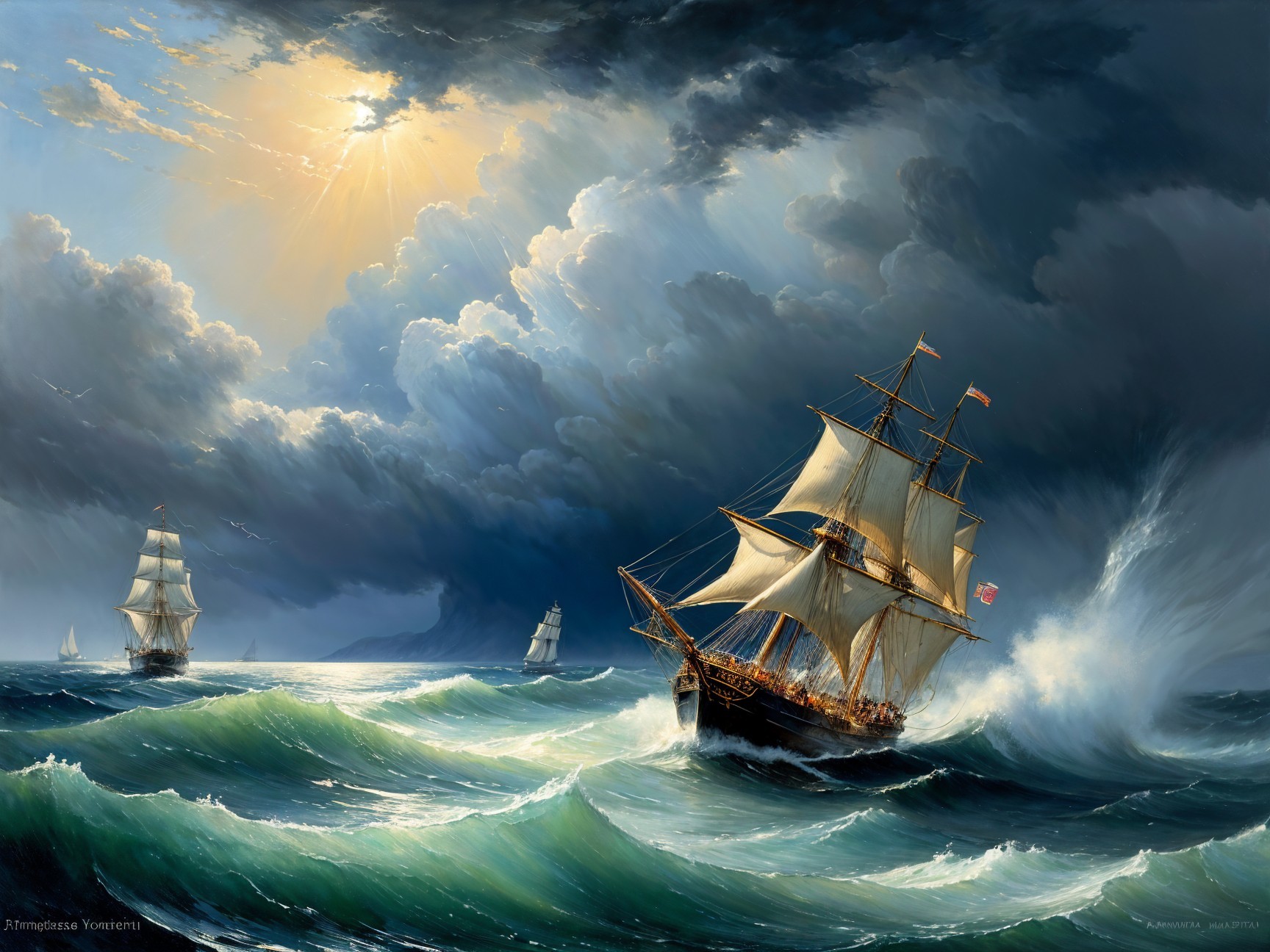 Dramatic Seascape with Sailing Ships and Turbulent Waters
