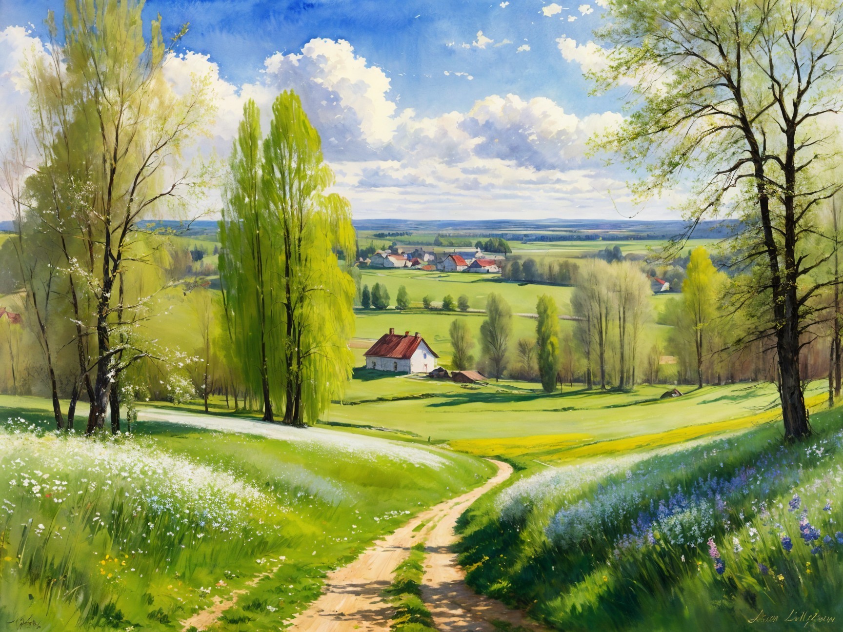 Serene Landscape with Winding Path and Village View