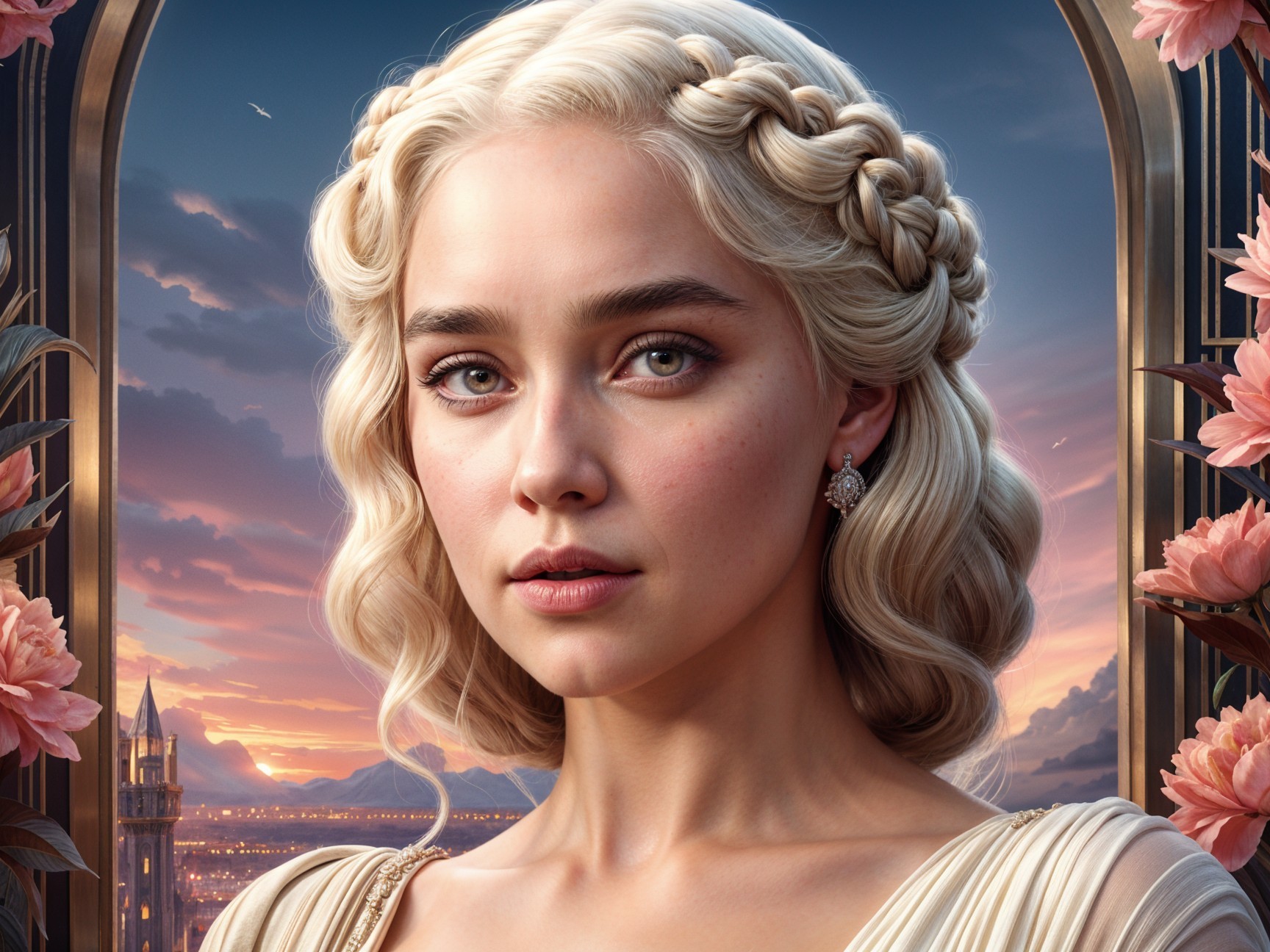Young Woman in Elegant Gown Against Sunset Background