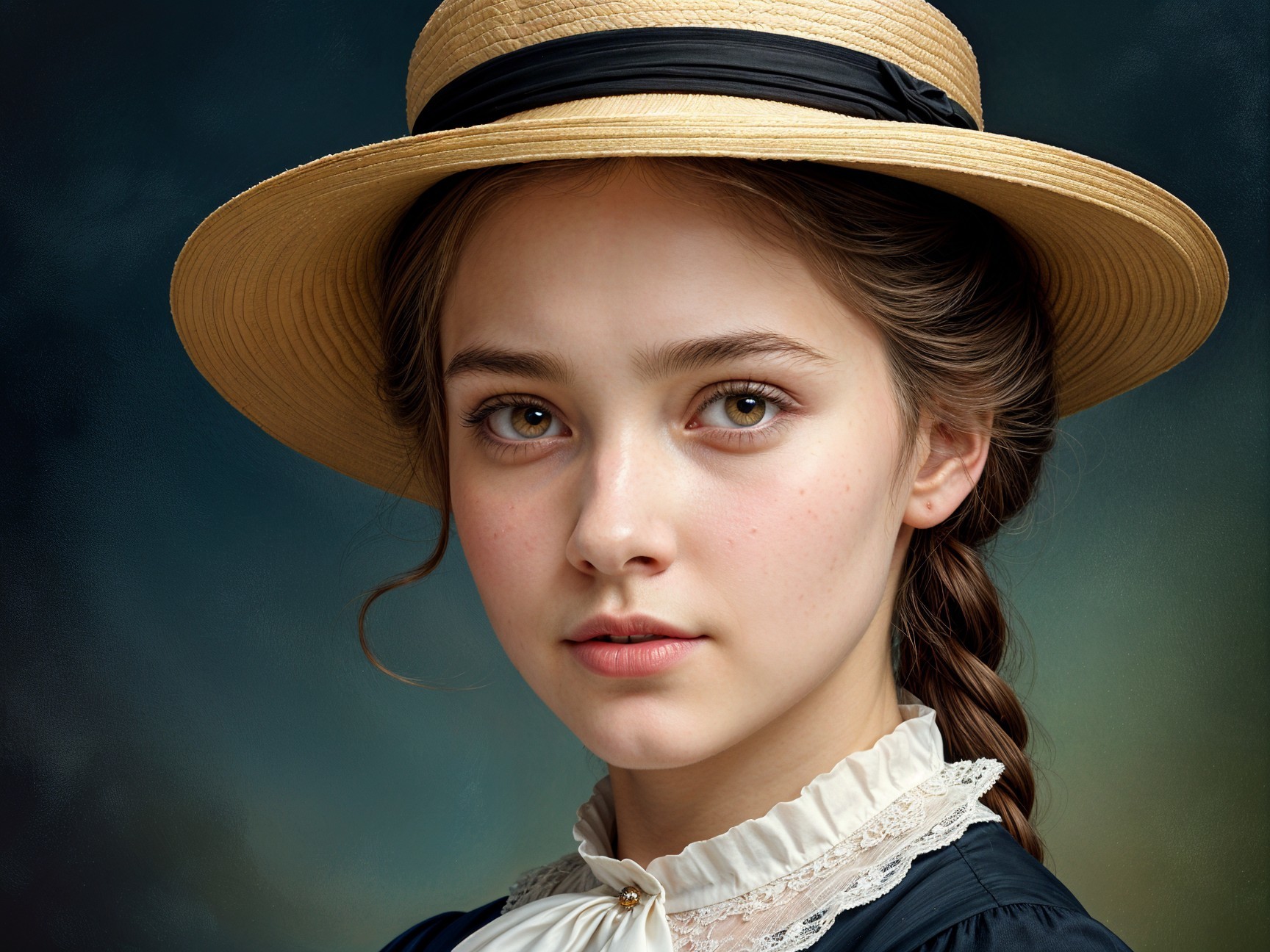 Young girl in straw hat with vintage blouse and lace collar