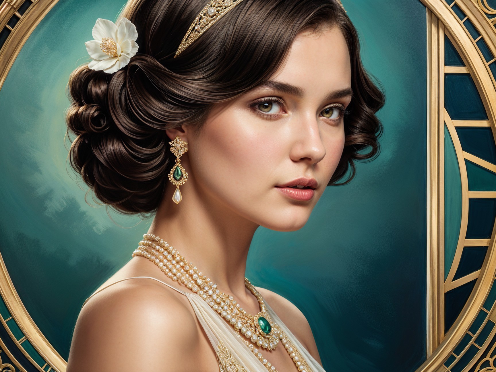 Young woman with dark hair and elegant accessories