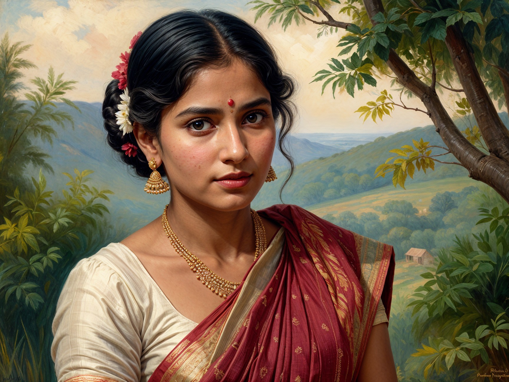 Young Woman in Traditional Attire Against Serene Landscape
