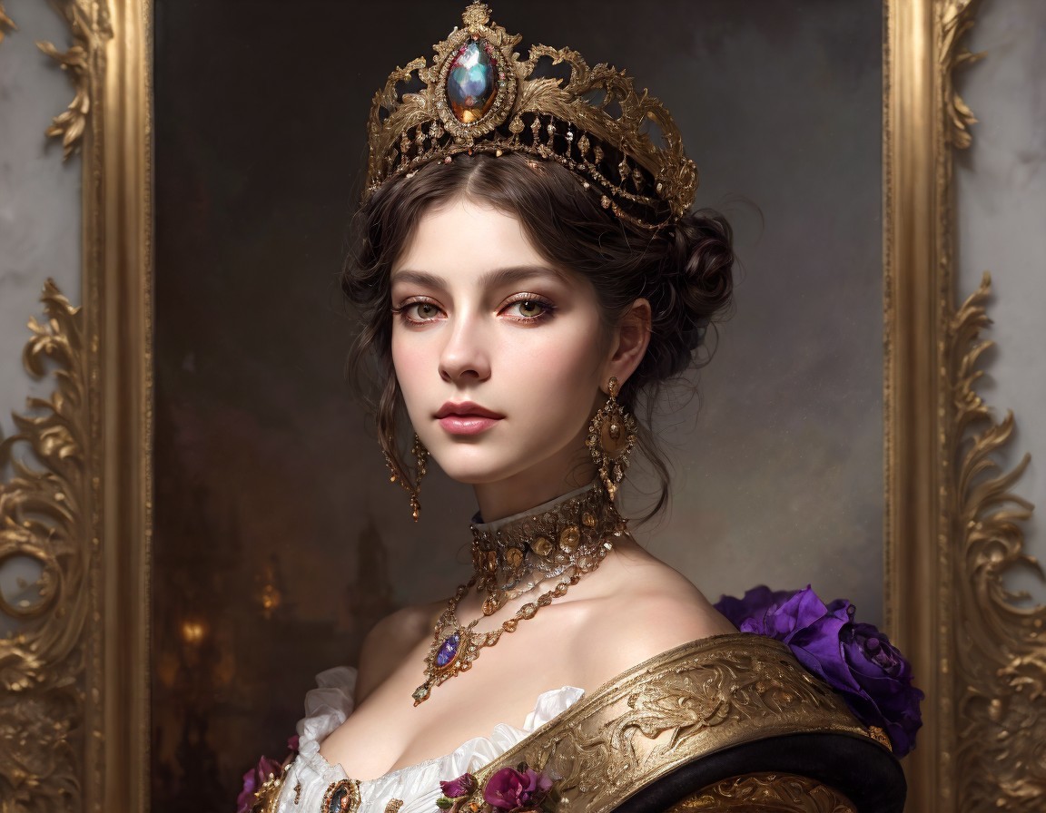 Regal Woman in Elegant Attire by Gilded Mirror