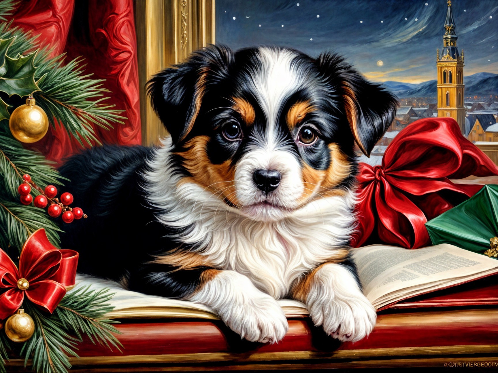 Tri-Color Puppy on Book in Festive Night Scene