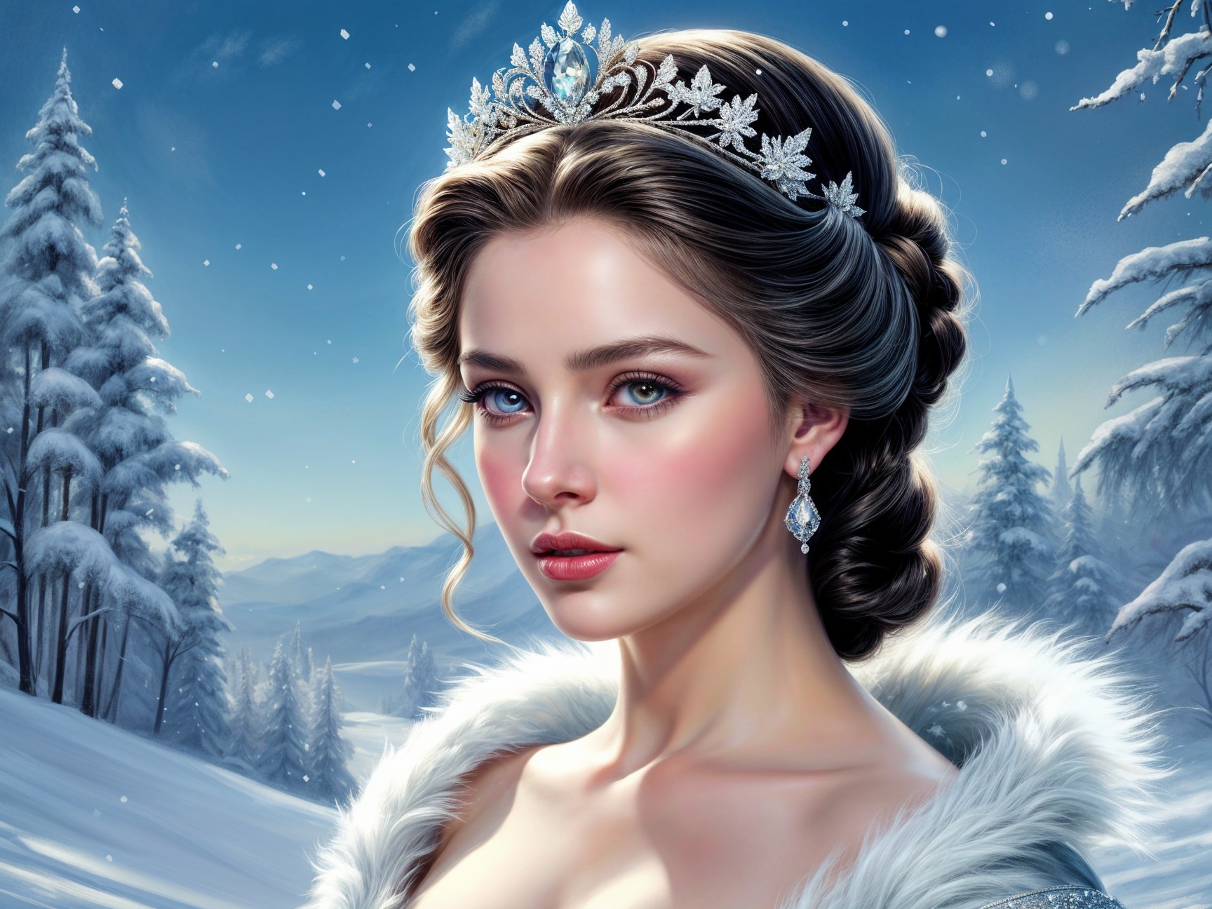 Young woman in winter landscape with elegant tiara