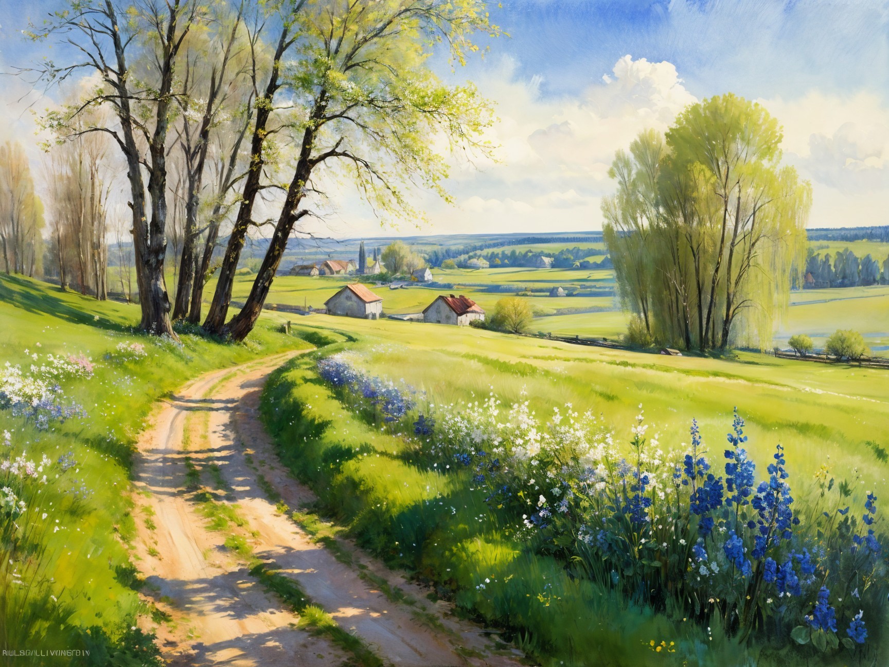 Serene Countryside with Path, Fields, and Cottages