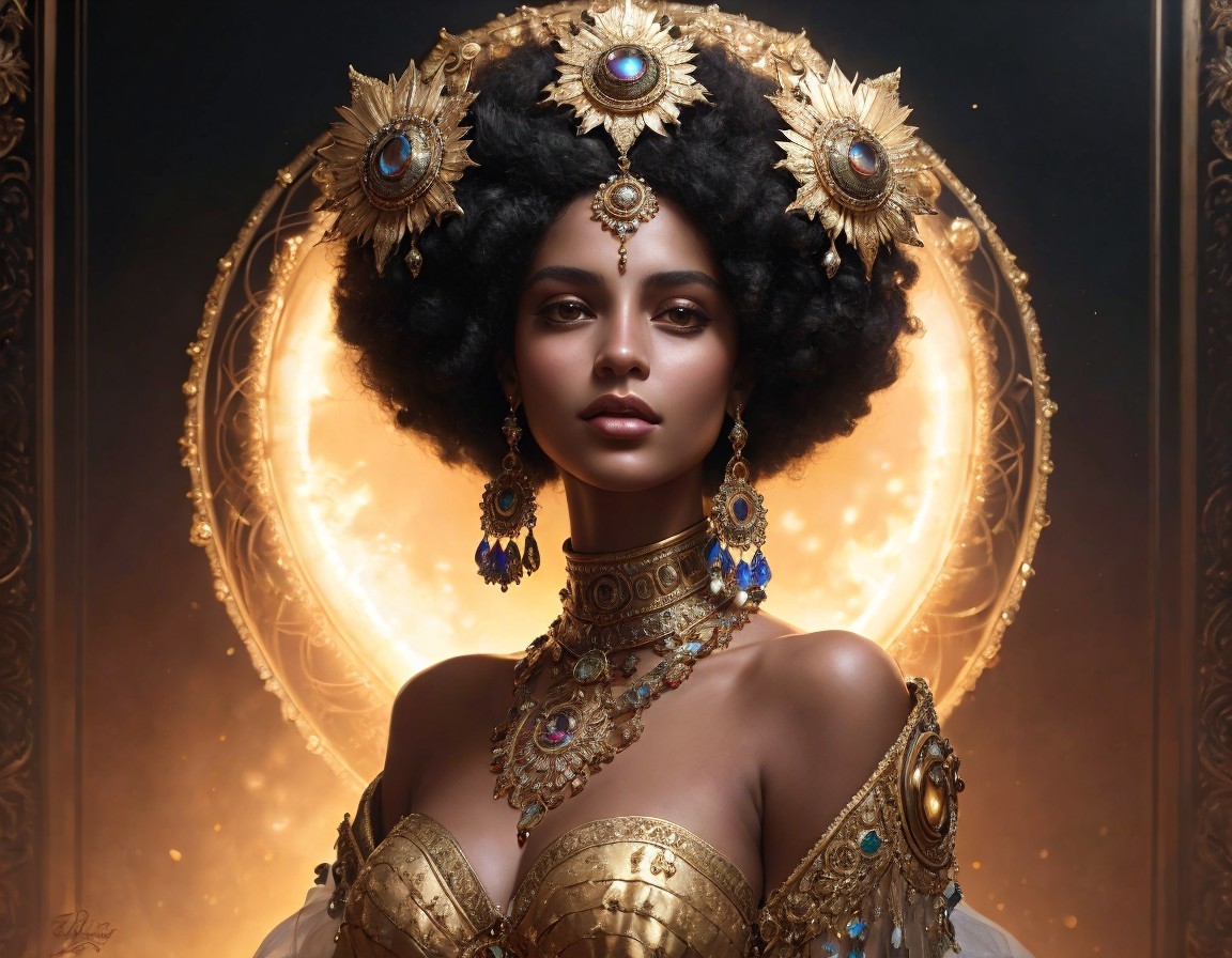 Regal figure in golden jewelry and stunning crown