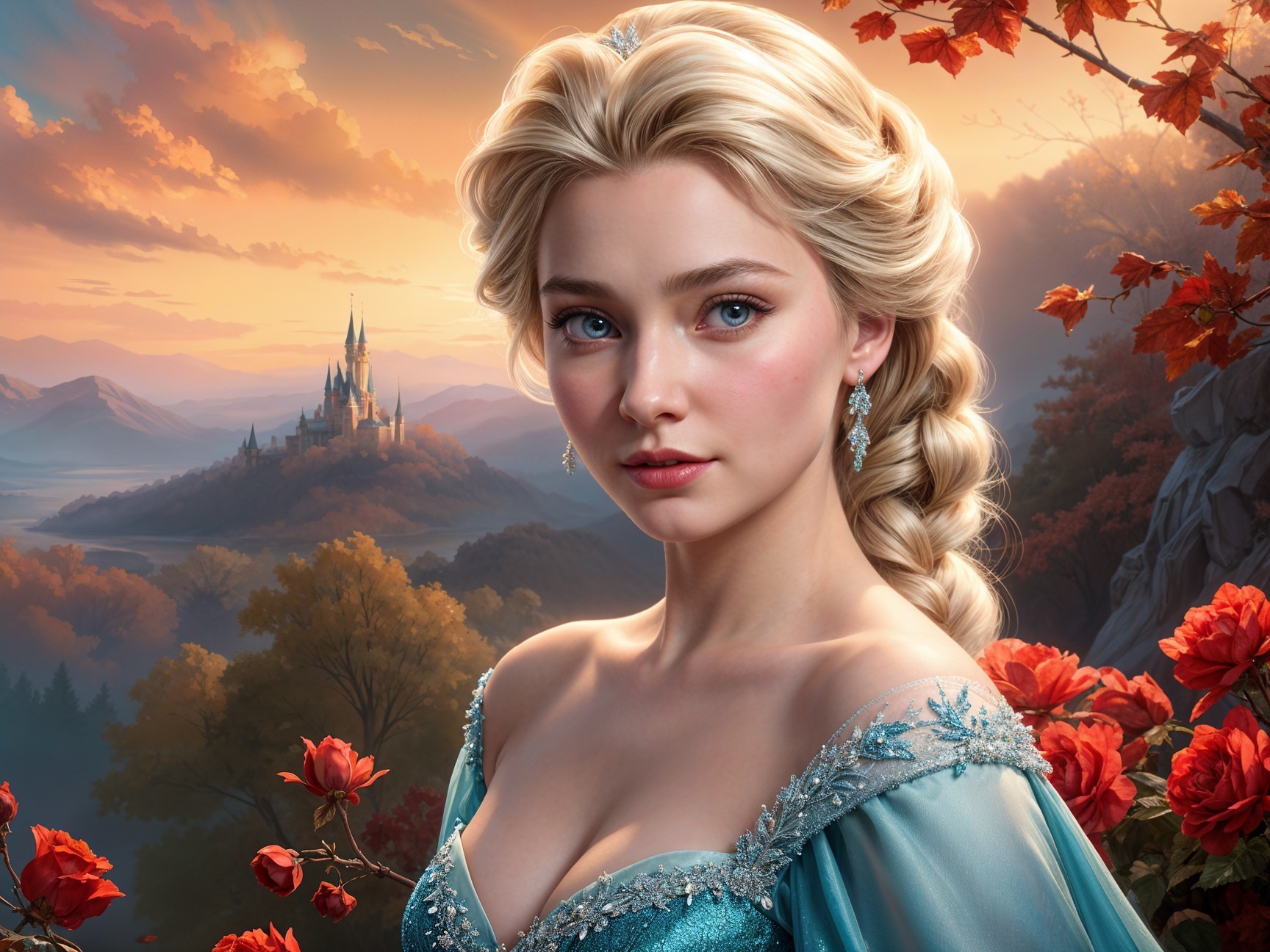 Young woman in ice-blue gown among autumn foliage