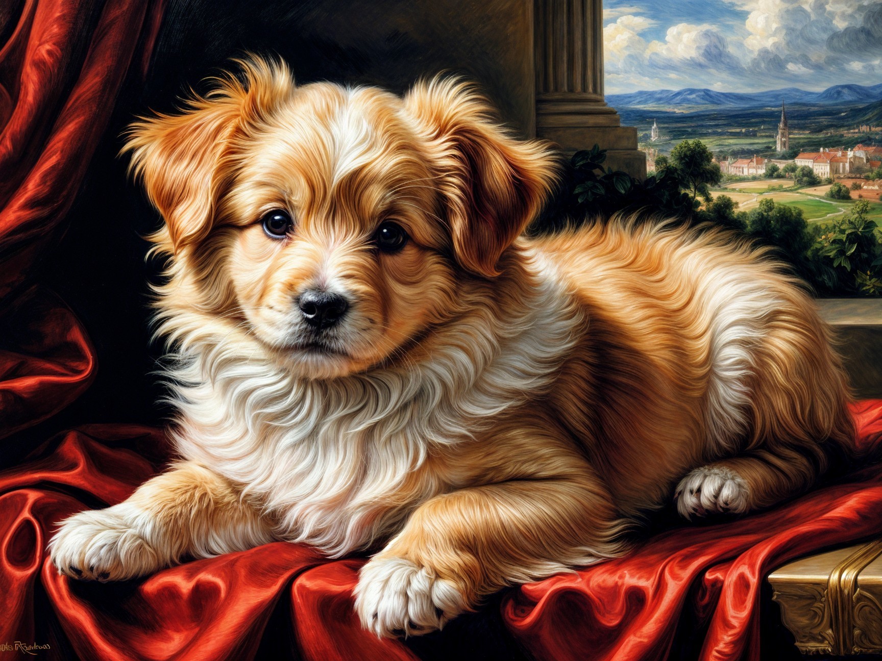 Fluffy Golden-Orange Puppy on Red Velvet Drape
