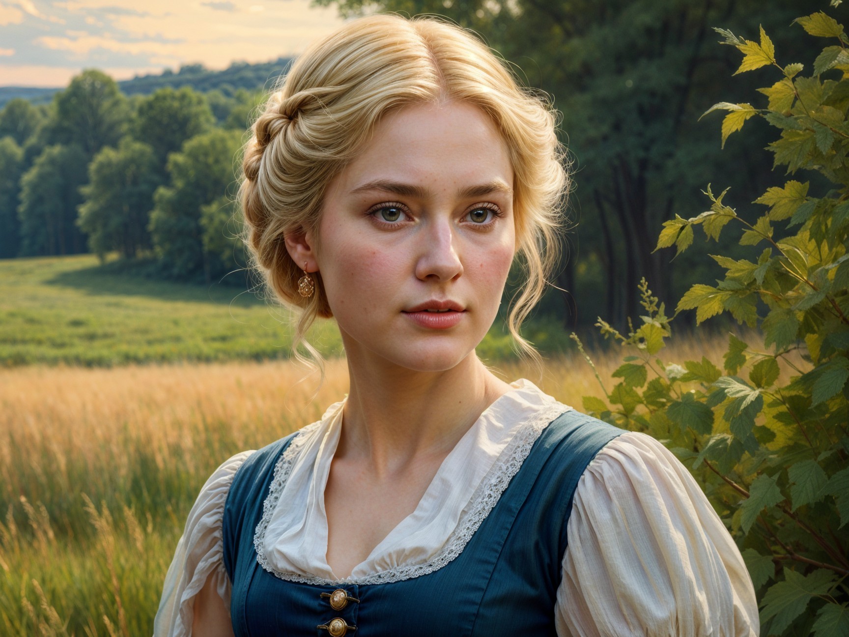 Young woman in golden meadow with blue dress