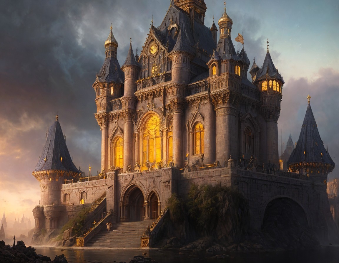 Majestic fantasy castle by river at dusk with glowing windows