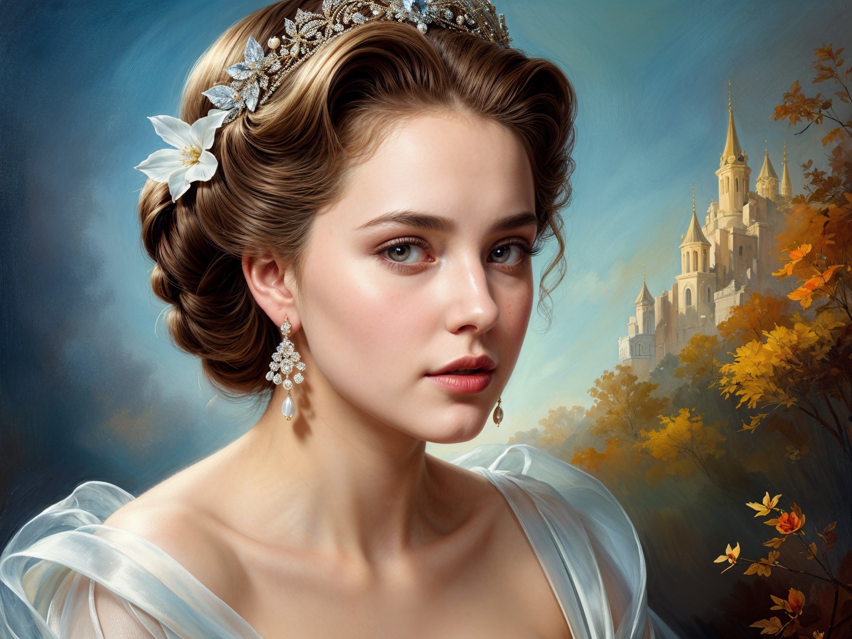 Young Woman in Elegant Gown with Mystical Castle Background