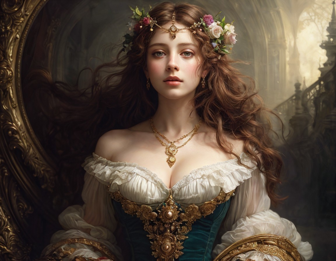 Digital artwork: Woman with flowing hair, floral crown, jewelry, and luxurious dress on baroque backdrop