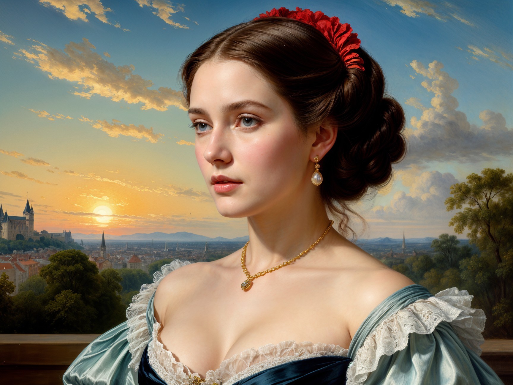 Young Woman in Elegant Dark Gown with Sunset Background