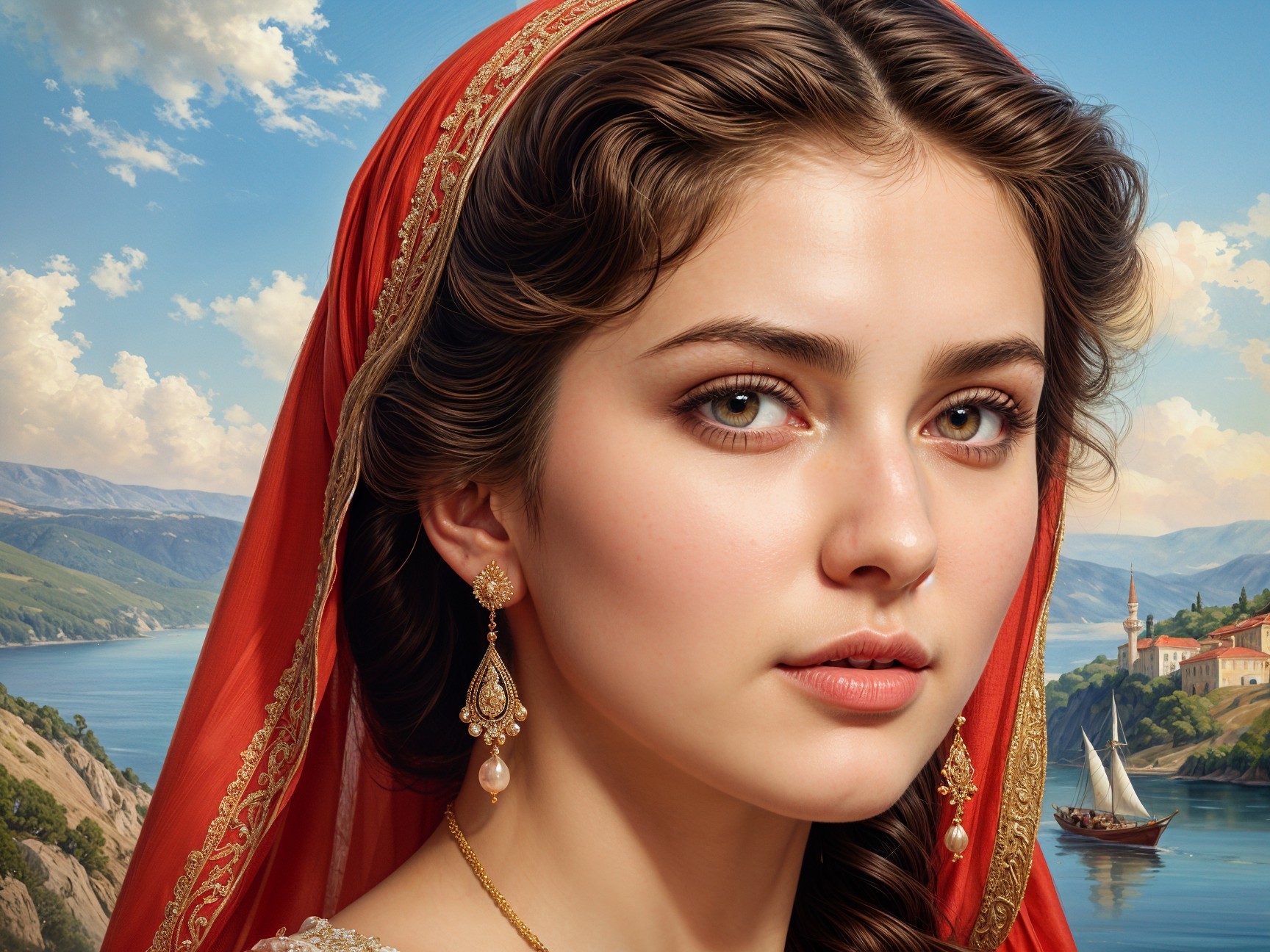 Young woman in red headscarf with serene landscape