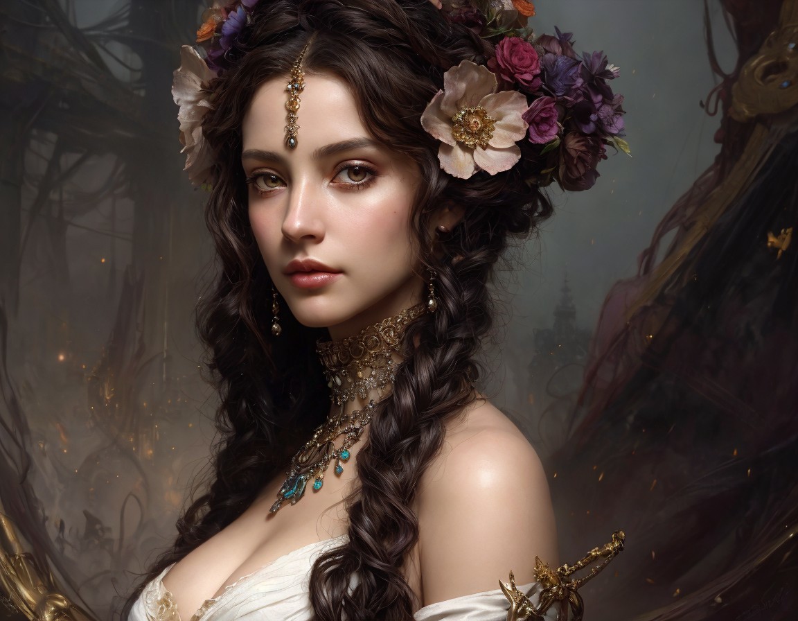 Digital Artwork of Woman with Braided Hair and Flowers