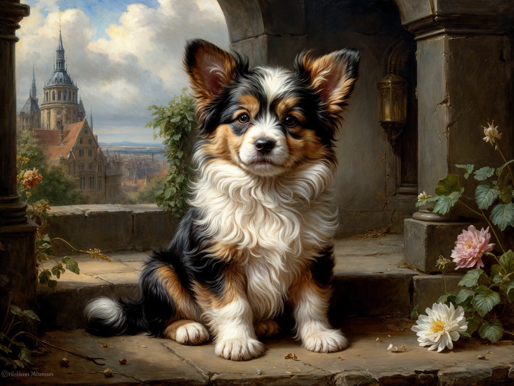 Tricolored Puppy on Stone Ledge with Scenic Background