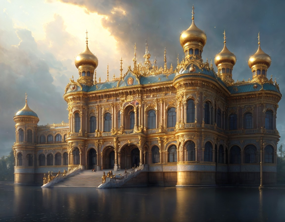 Golden Palace with Ornate Domes at Sunset Reflection