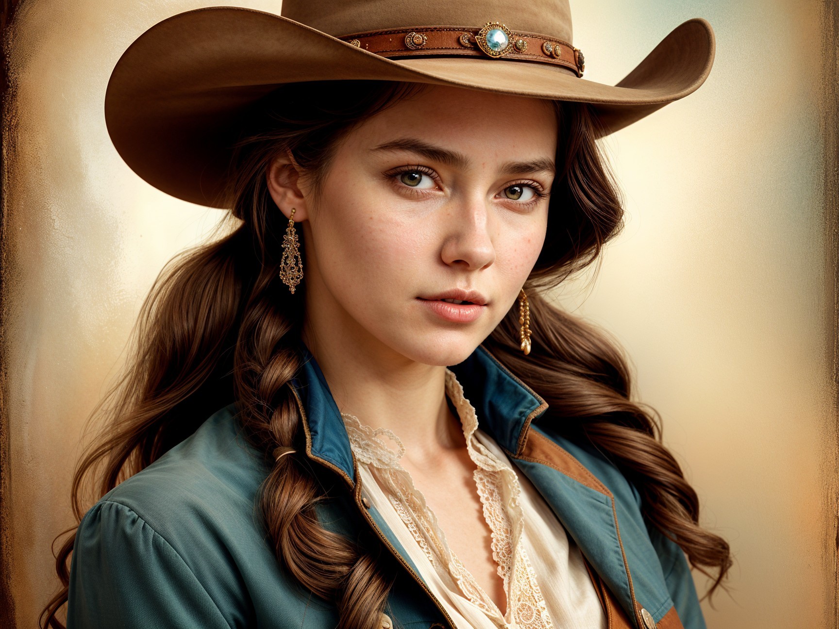 Young Woman in Vintage Western Outfit with Hat