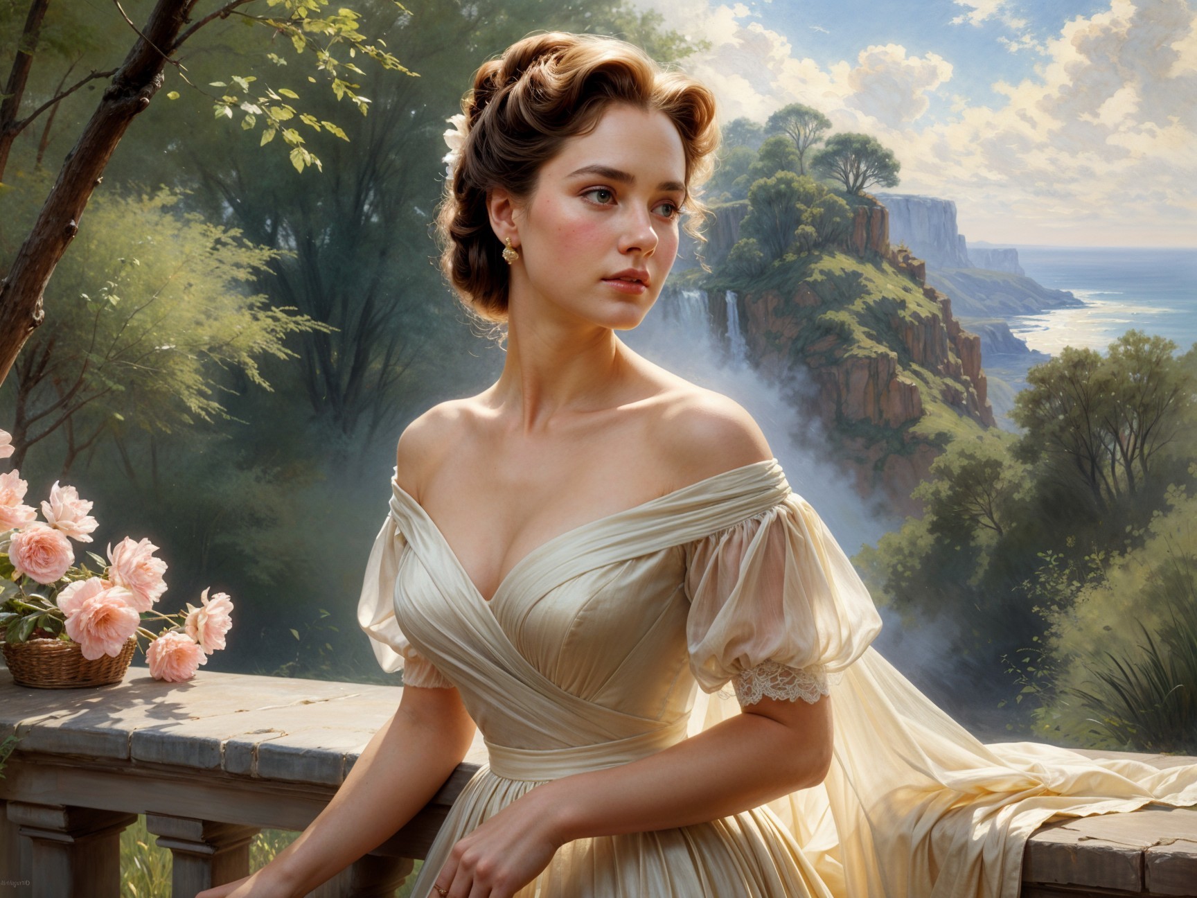 Young woman in off-the-shoulder gown by balcony
