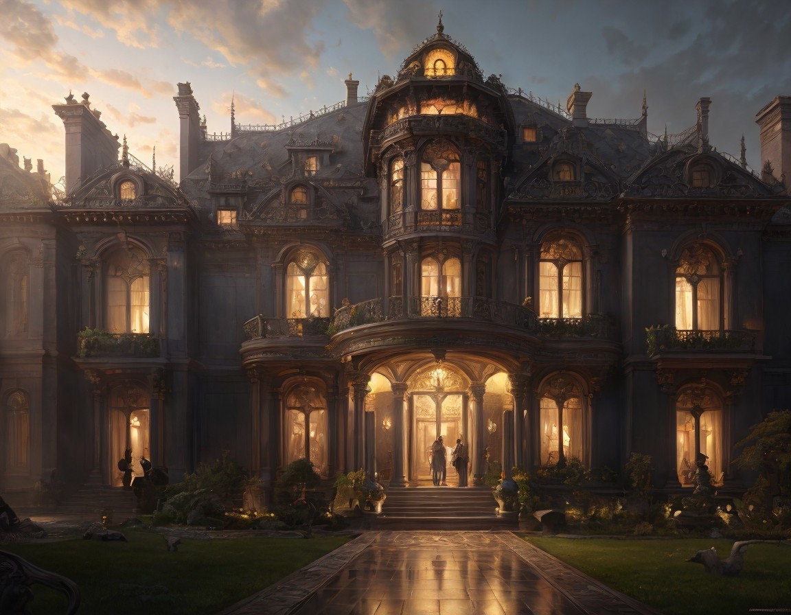 Opulent mansion illuminated by golden dusk light