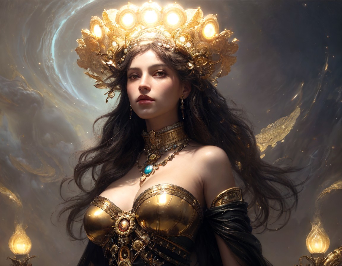 Regal Woman in Golden Crown and Ornate Armor