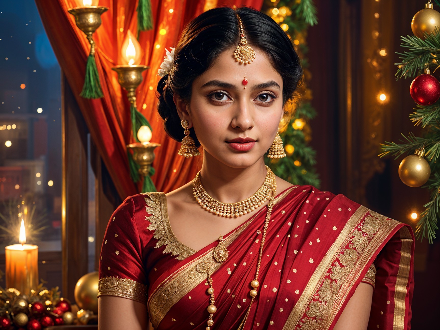 Young Woman in Red Saree with Festive Background
