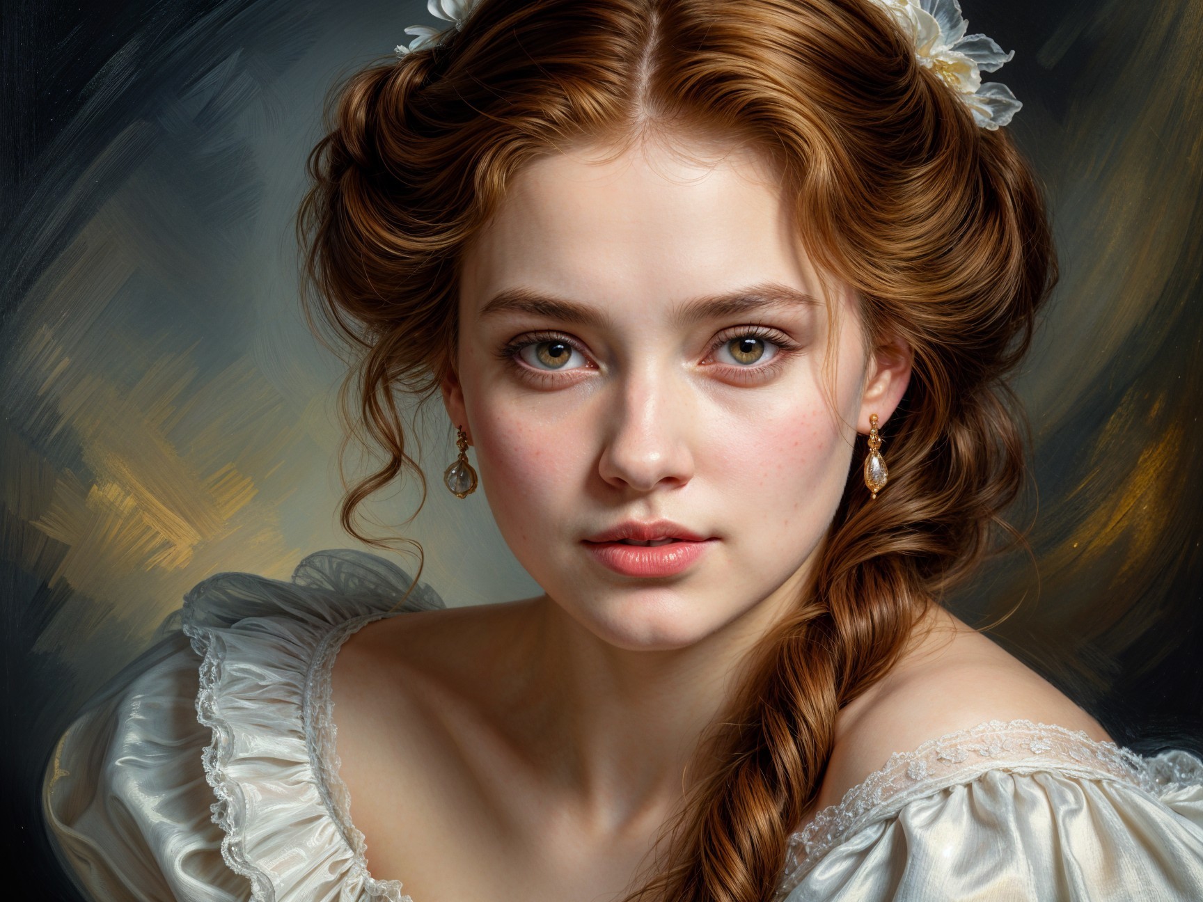 Young Woman with Green Eyes and Vintage Blouse