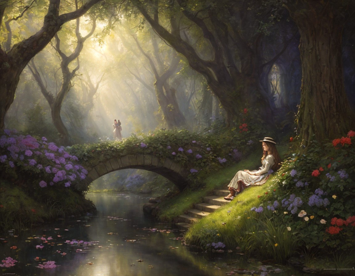 Woman sitting on stone bridge in serene forest scene with blooming flowers