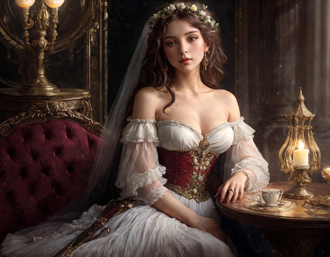 Vintage bridal gown and red corset woman at candlelit table radiates classic romance