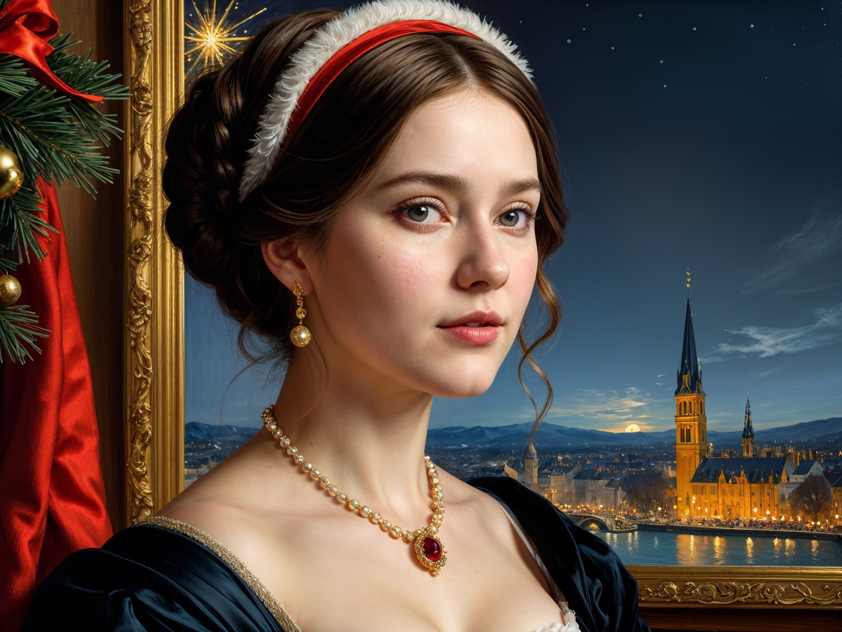 Young Woman in Elegant Dress Amidst Christmas Scene