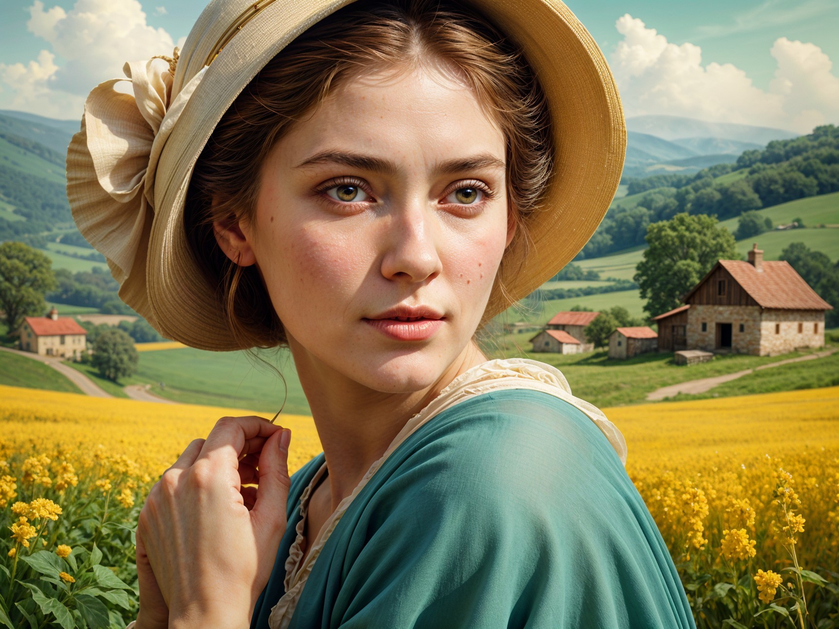 Young woman in turquoise dress in yellow field