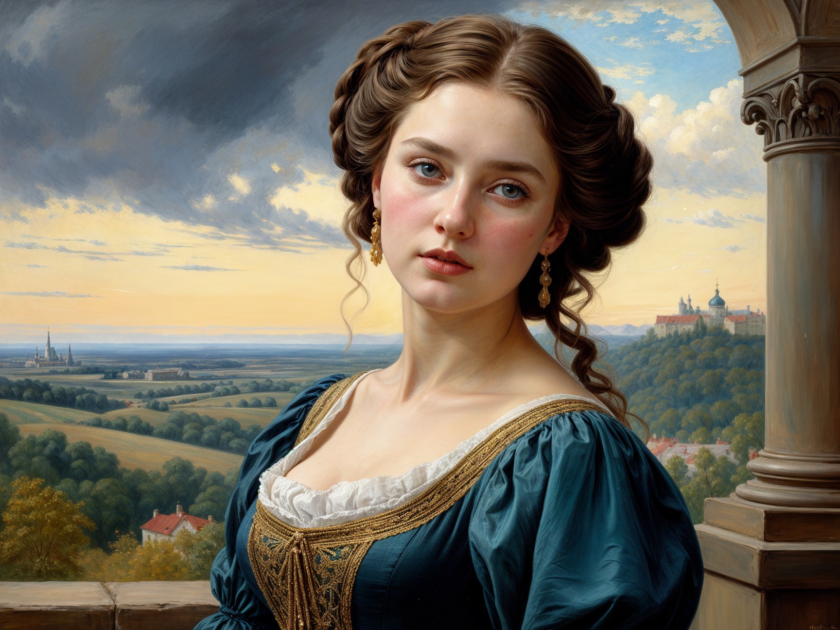 Young woman in teal gown on balcony with arches