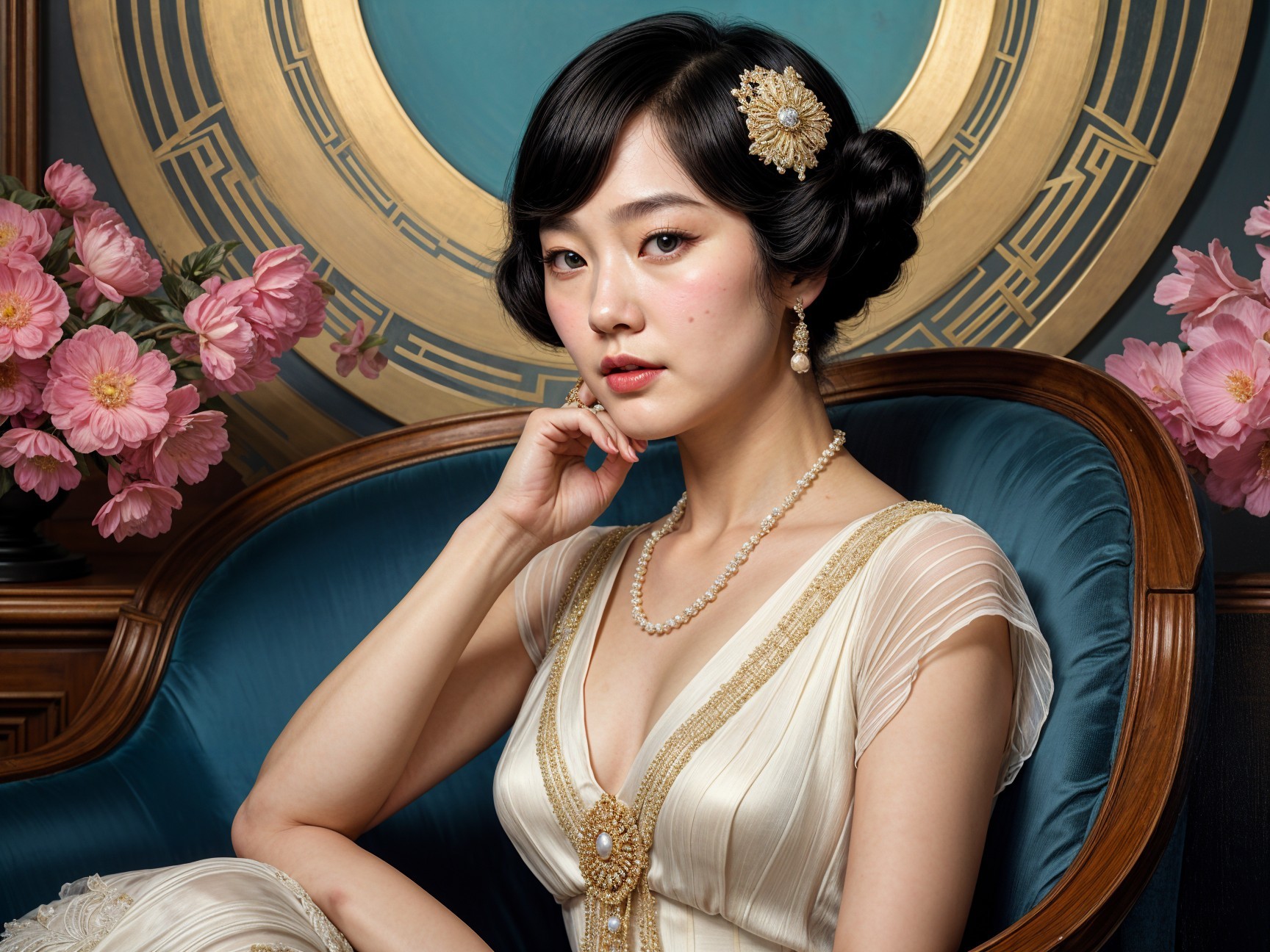 Woman in Vintage Attire with Floral Accents and Gold Backdrop