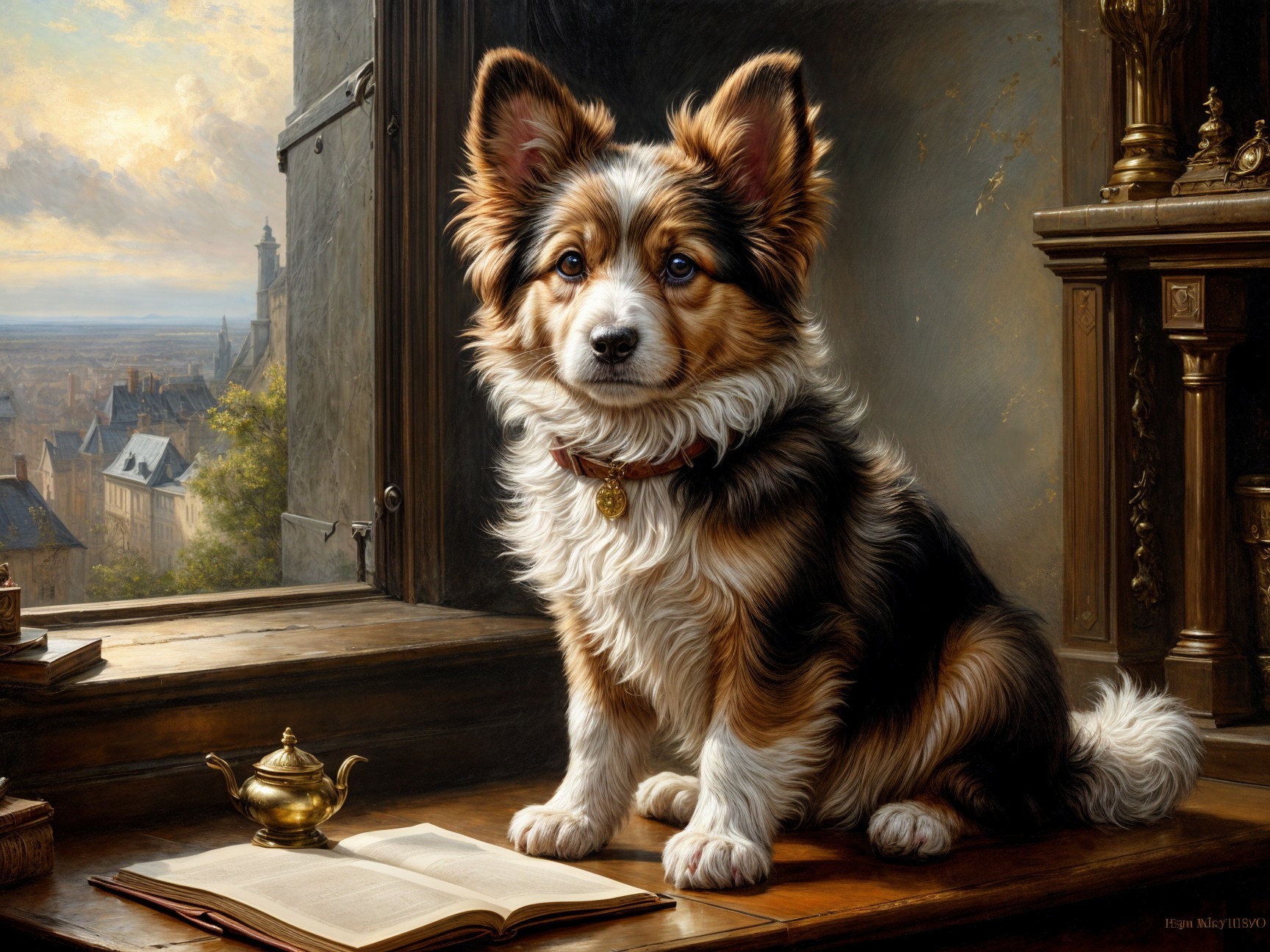 Corgi on Windowsill with Book and Scenic View