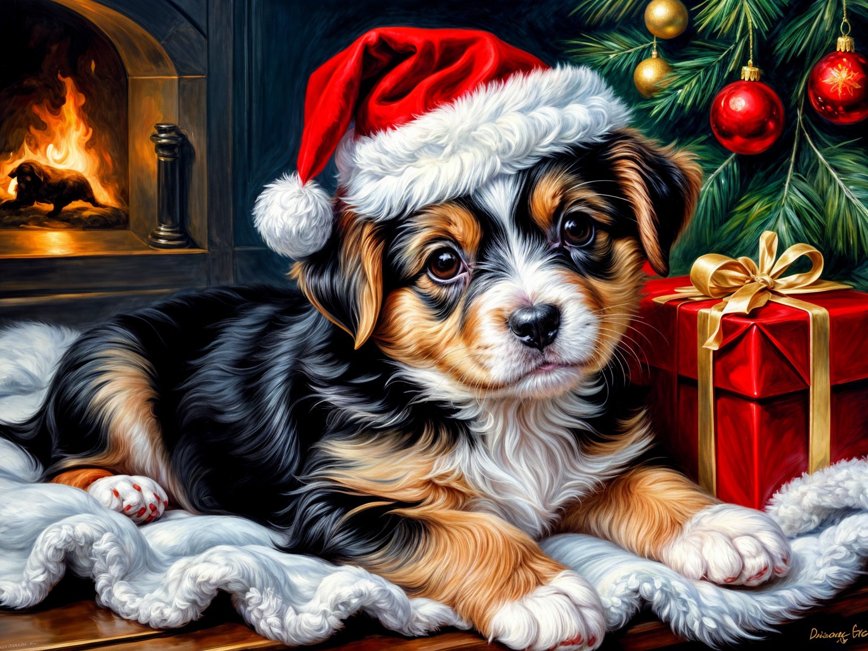 Cute puppy in Santa hat by fireplace and Christmas tree