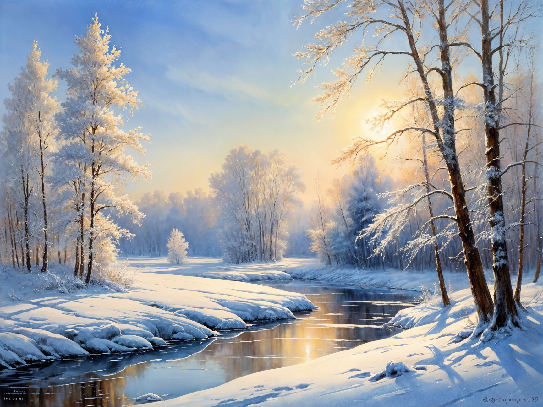 Tranquil Winter Landscape with River and Snowy Terrain