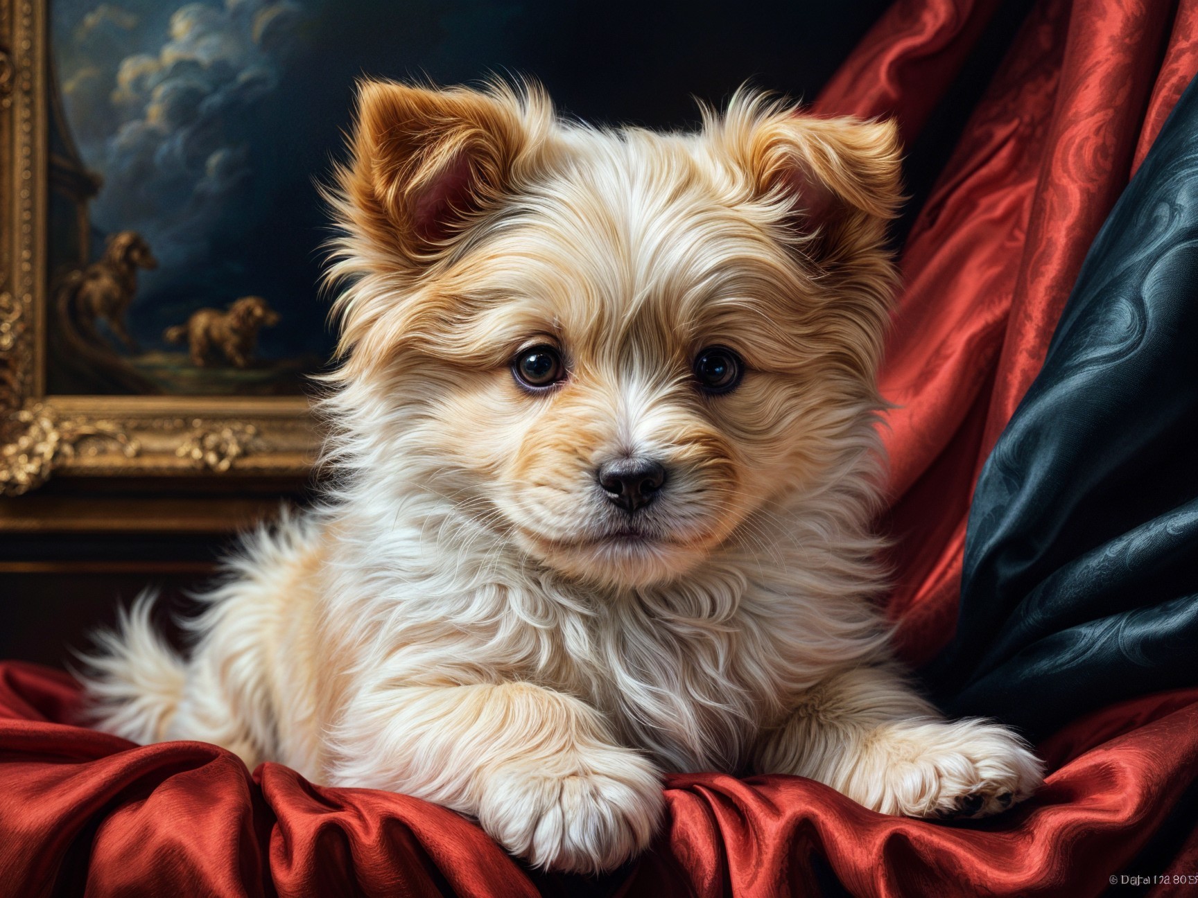 Fluffy puppy on red velvet with ornate gold frame