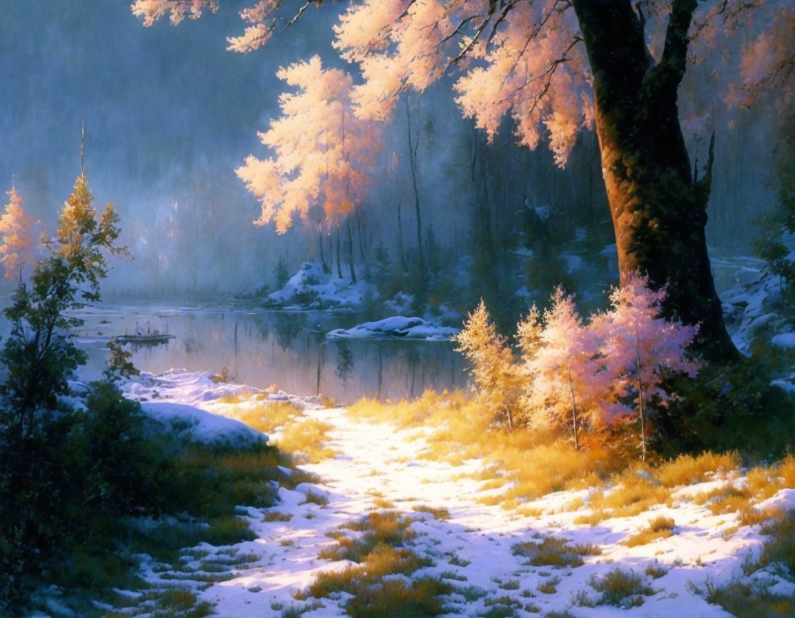 Tranquil winter landscape: snow-covered trees by river at twilight