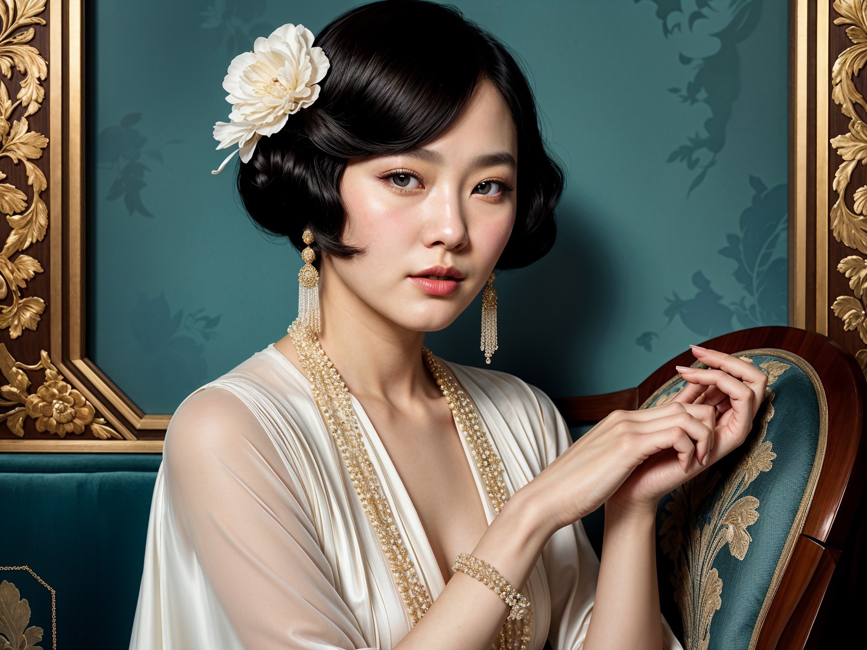 Elegant Woman in Vintage Style Against Opulent Backdrop