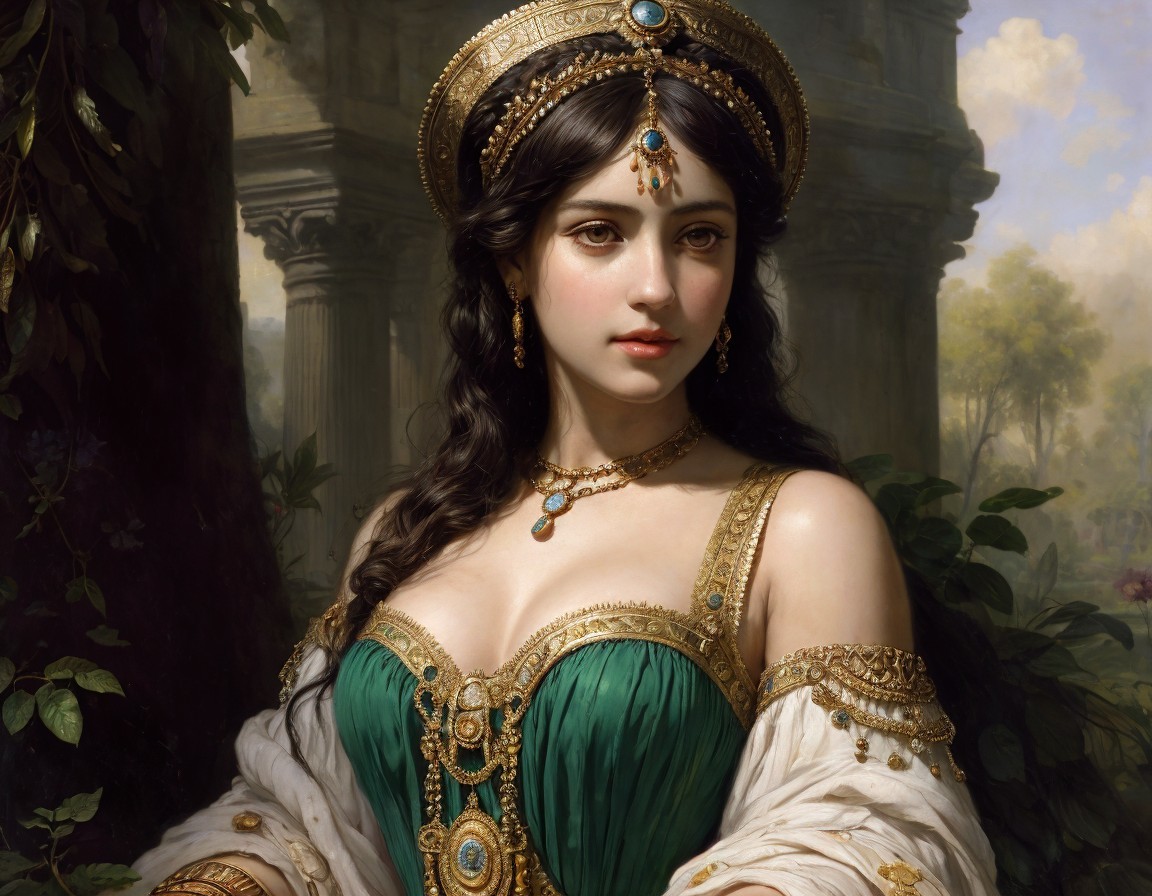 Portrait of woman in green and gold dress with ornate jewelry in misty forest.