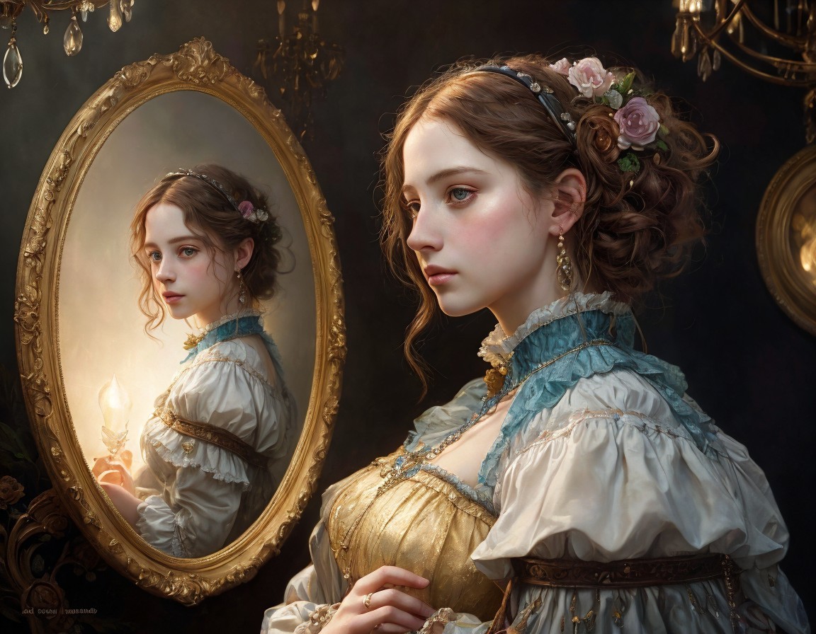 Young Woman in Vintage Dress with Candle Reflection