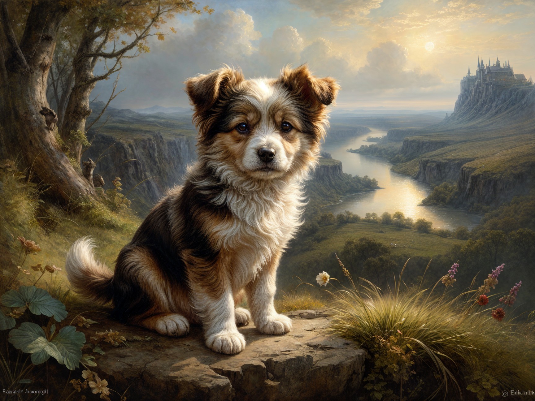 Fluffy Puppy on Rocky Ledge in Serene Landscape