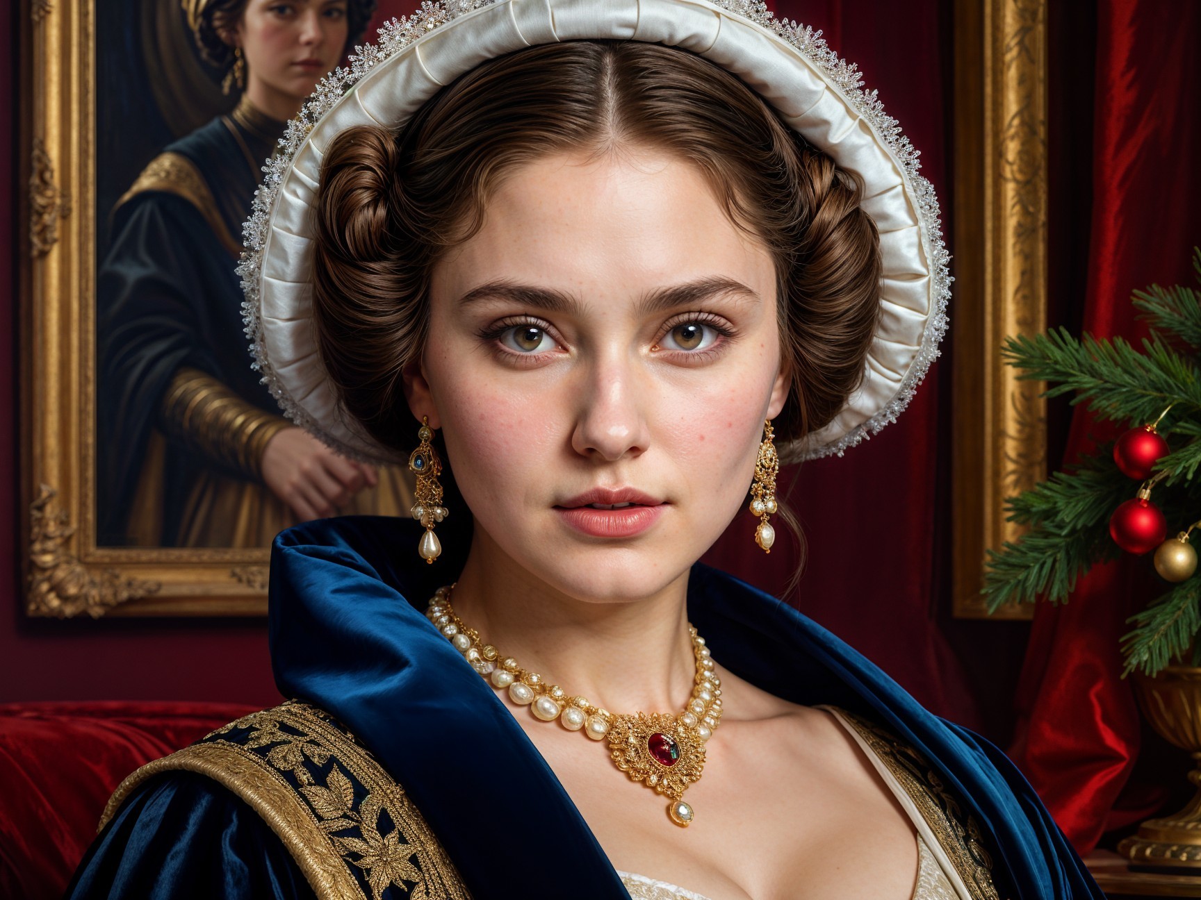 Historical Woman in Luxurious Blue Gown and Accessories