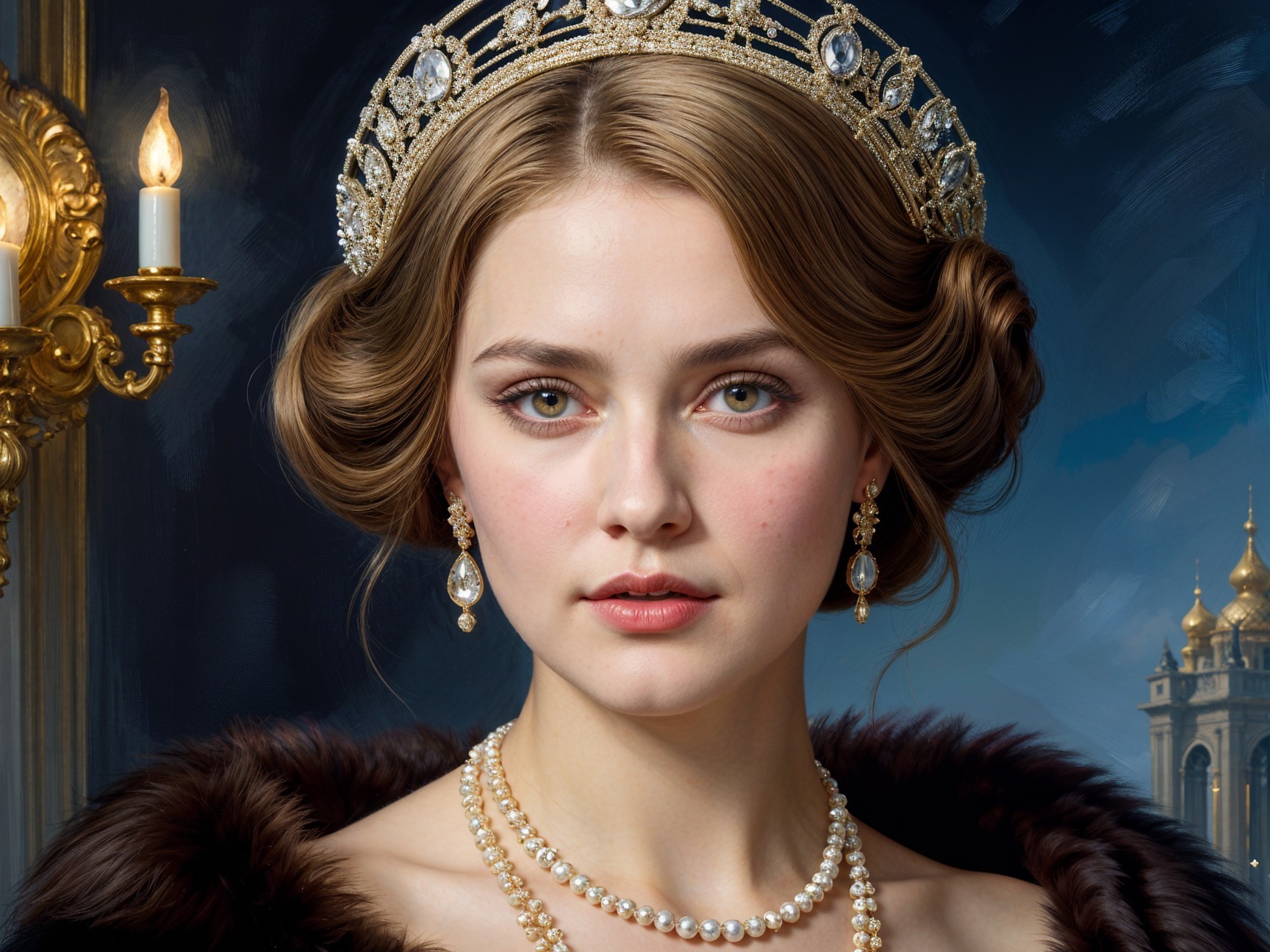Regal Young Woman in Tiara and Pearl Jewelry