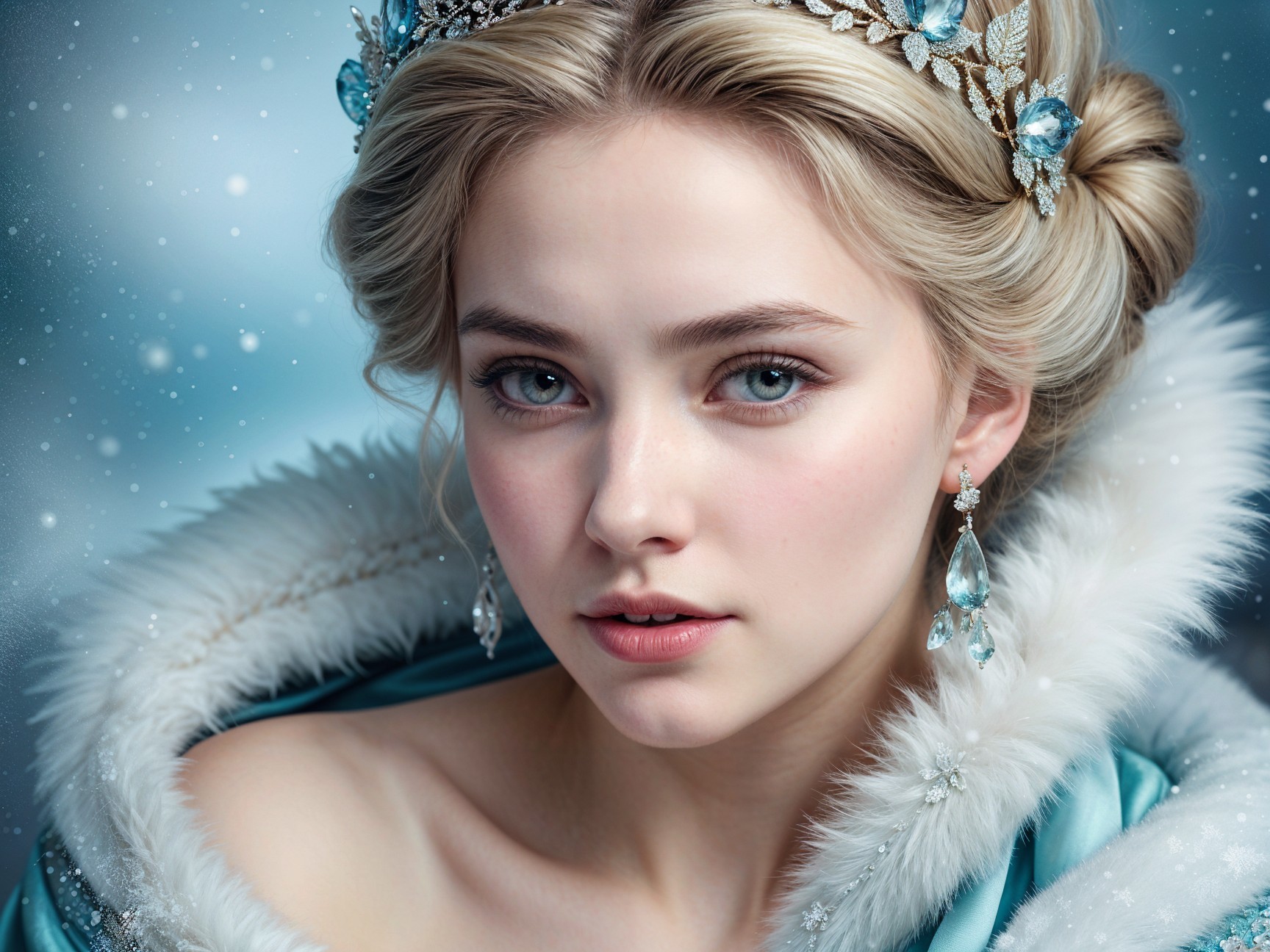 Young woman in blue gown with fur shawl and tiara
