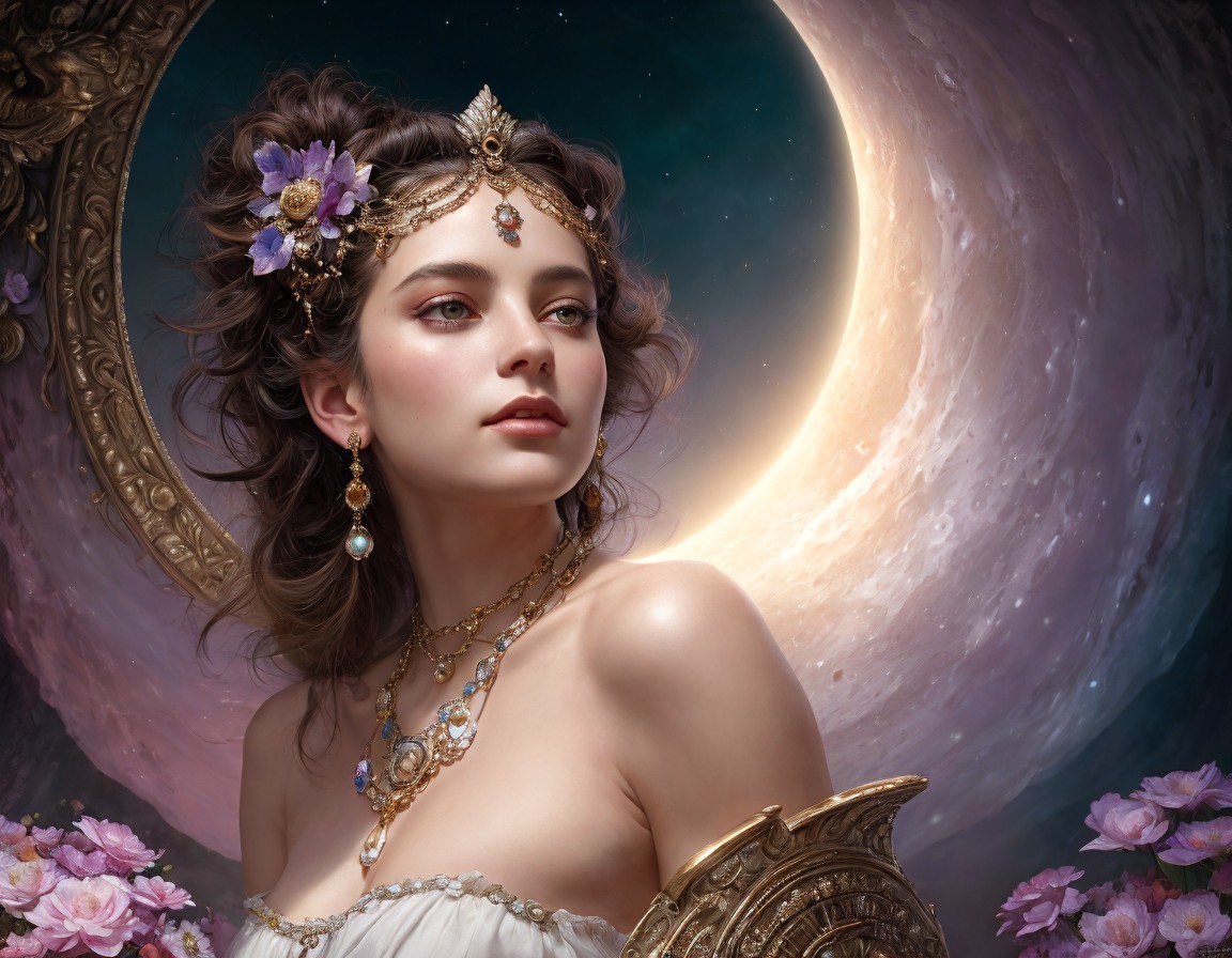 Woman adorned with jeweled headdress surrounded by celestial bodies and flowers.